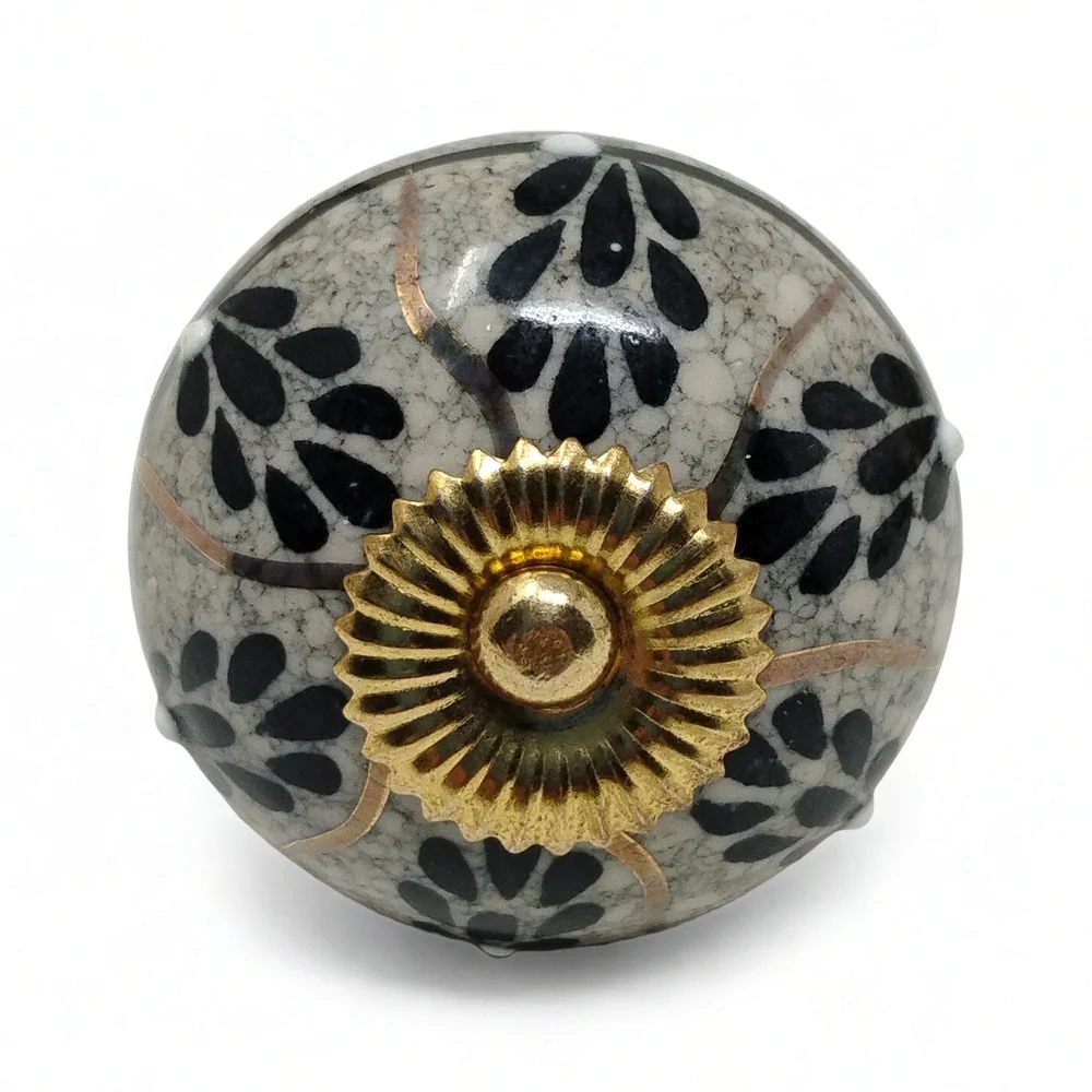 Handmade Ceramic Cabinet Knob Set 6 Floral Crackle Glaze Gold Accent Cottagecore